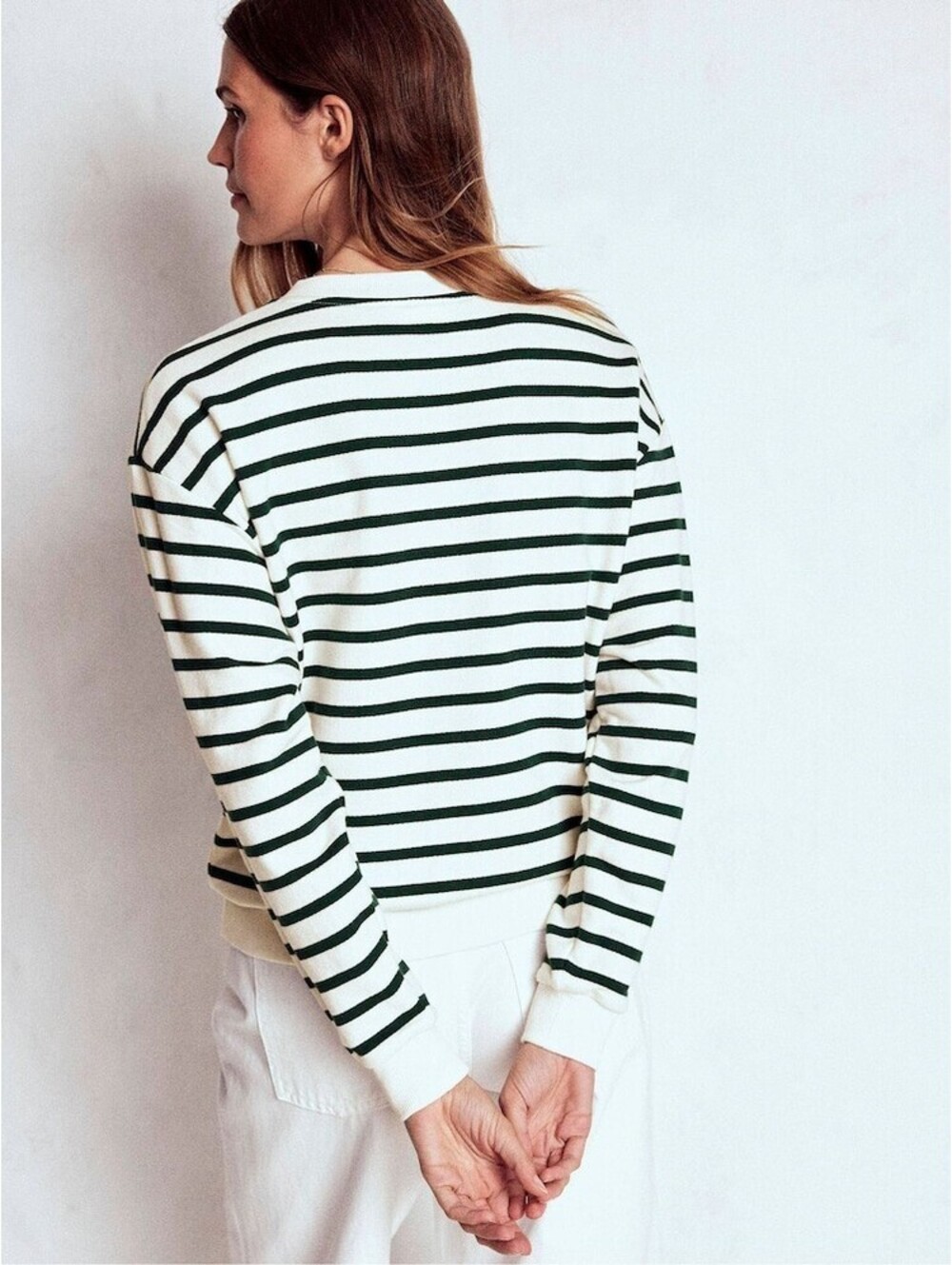 NWOT Boden Green & White Striped Button Shoulder Sweatshirt Size M - Picture 2 of 12